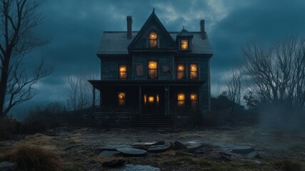 Creepy old house with glowing windows in a foggy, dark atmosphere.