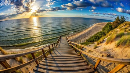 Obraz premium A stunning fisheye view of the stairway leading to the mesmerizing sea on the Curonian Spit Lithuania, view, Lithuania, Curonian Spit, mesmerizing, stunning,stairway