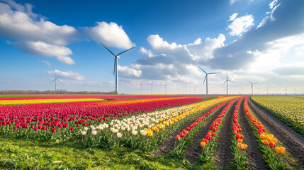 "Panoramic View of Blooming Tulip Fields with Wind Turbines on the Horizon"

