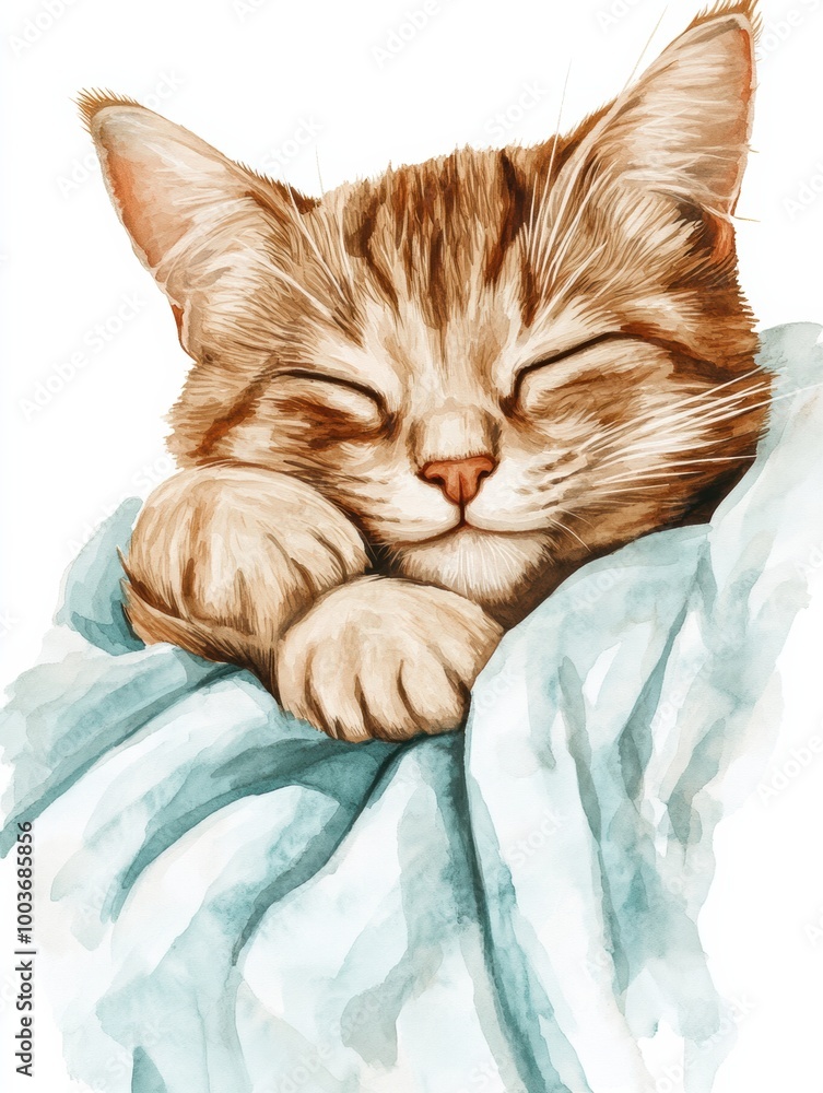 Aufkleber a peaceful sleeping cat nestled on a soft bedspread with a light background showcasing warmth and co
