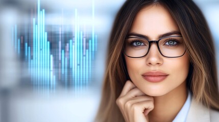 A businesswoman executive in deep thought, surrounded by floating digital interfaces showing real-time analytics and futuristic data projections,