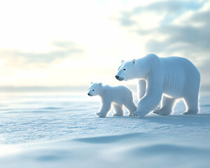 Polar Bear Family Walking on Snowy Landscape 3D Illustration