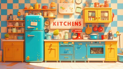 A colorful kitchen with a blue refrigerator. There are lots of cute toys hanging from cabinet shelves in bright colors.