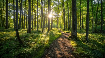 Obraz premium Wide-angle shot of a peaceful forest with sun-dappled trees and a well-trodden path leading