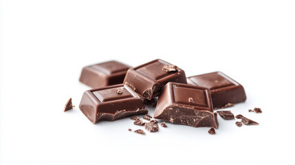 Fototapeta premium Pieces of Swiss chocolate on a white background with small crumbs scattered around