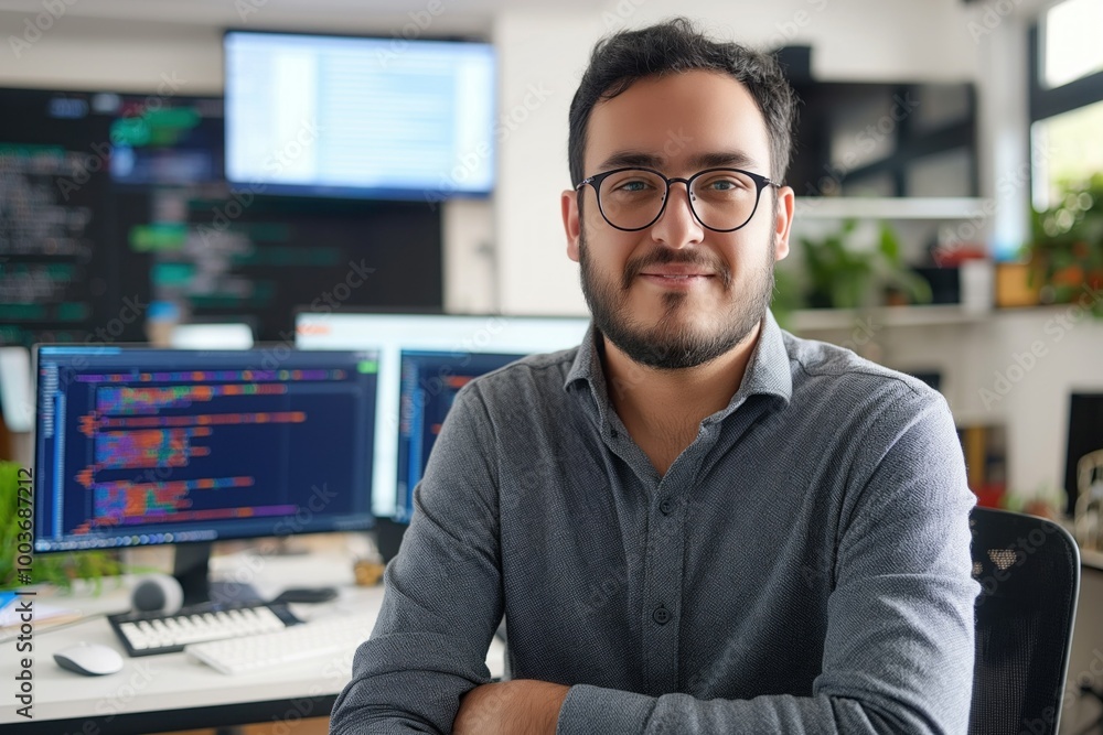 Aufkleber Caucasian man sits in modern office working on laptop. He is a software developer, typing code on keyboard. Man is focused on digital work, connected to virtual network.