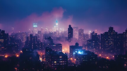 Obraz premium City skyline at night with glowing lights and misty atmosphere.