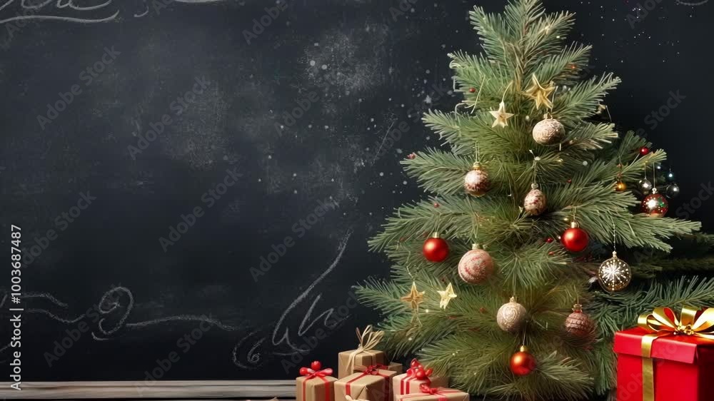 Poster small christmas tree decorated with red and gold ornaments is standing on a rustic wooden surface in
