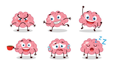 funny brain cartoon character with various pose activity vector illustration