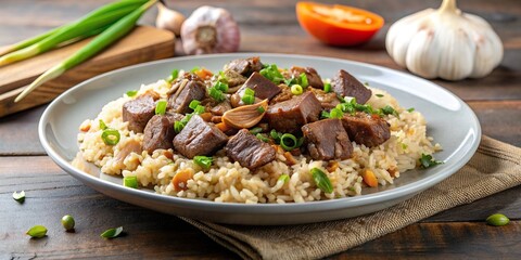 Freshly cooked fried garlic rice topped with beef salpicao, cuisine, flavorful, cuisine, homemade, gourmet, delicious, salpicao, rice, authentic, close-up, dish, culinary, mouthwatering