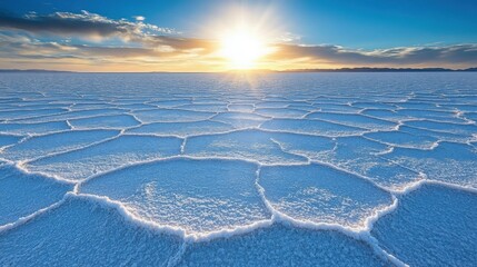 A flat cracked surface of dried salt lands stretching toward the horizon under a bright sun creating intricate natural textures