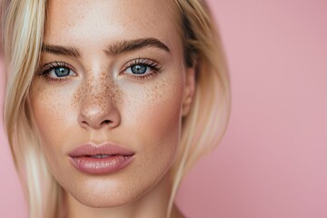 Obraz premium Close-up of young Caucasian woman with freckles isolated on pink background. Beautiful blonde model with healthy glowing skin. Facial beauty care and make-up details