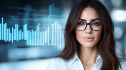 A businesswoman executive in deep thought, surrounded by floating digital interfaces showing real-time analytics and futuristic data projections,