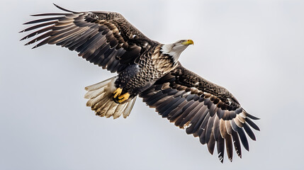 Obraz premium Majestic eagle with outstretched wings gliding above the clouds in a graceful, regal manner.