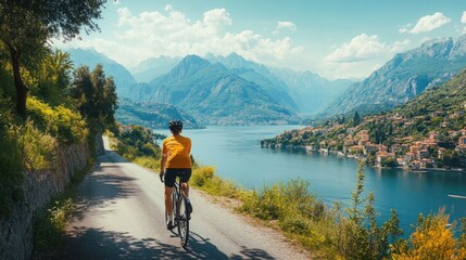 Fototapeta premium Cycling Adventure by a Scenic Mountain Lake Explore Nature on Two Wheels