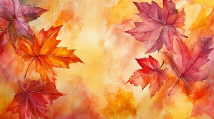 A painting of autumn leaves with a yellow background