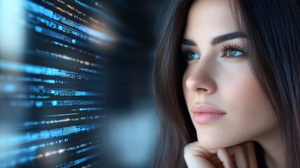 A businesswoman executive in deep thought, surrounded by floating digital interfaces showing real-time analytics and futuristic data projections,