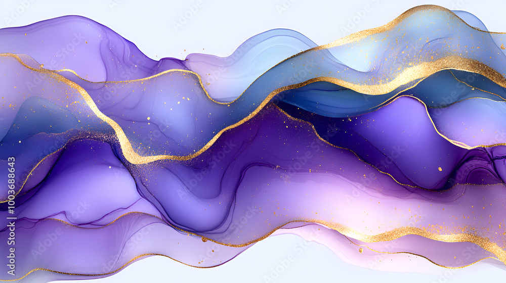 Poster elegant abstract design with flowing purple and gold waves on a soft background, capturing a sense o