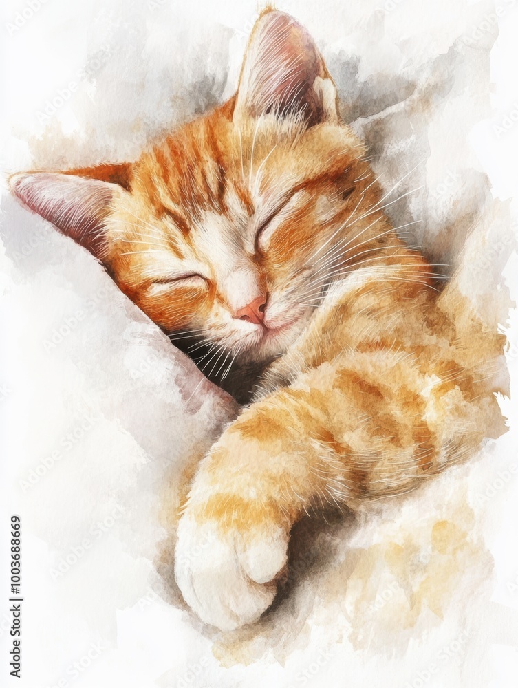 Aufkleber A peaceful sleeping cat resting on a cozy bedspread with a soft white background in a serene indoor setting. Generative AI