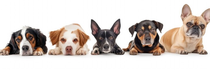 Obraz premium Multiple cute pets on white background. Adorable animals, mix of dog breeds, including Bengal, Husky, Yorkshire Terrier. Fluffy, furry, playful, friendly companions together, happy, healthy.