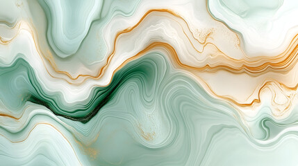 Elegant abstract marble texture featuring soft green and white swirls with delicate golden veins in a serene layout