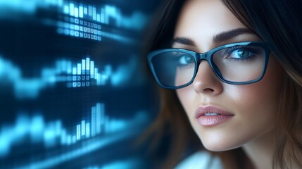 A businesswoman executive in deep thought, surrounded by floating digital interfaces showing real-time analytics and futuristic data projections,