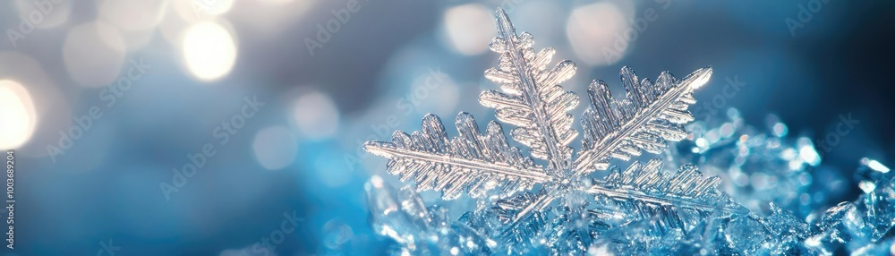 Poster a delicate frost-covered snowflake resting on shimmering ice, capturing the essence of winter's beau