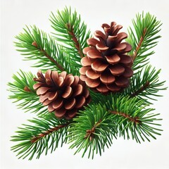 Fototapeta premium a cluster of pine cones resting on a few evergreen branches, symbolizing the holiday season, surrounded by rich greenery Perfect for a festive, nature-inspired winter scene