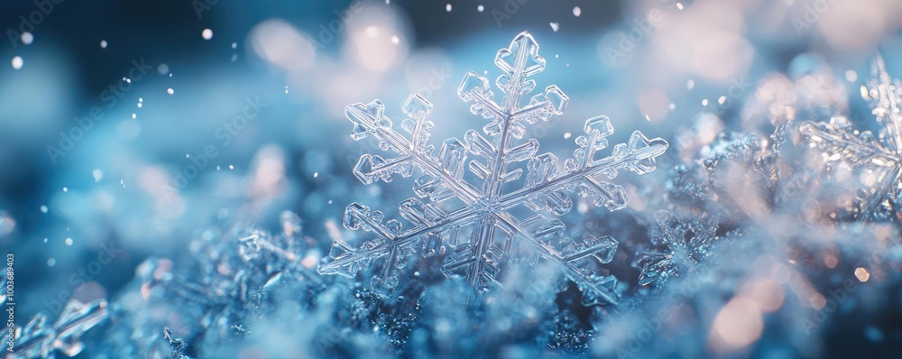 Poster Close-up view of a delicate snowflake resting on a frosty surface, capturing the beauty of winter and intricate ice patterns.