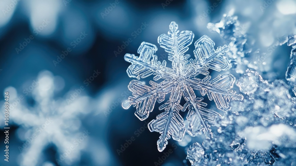 Poster Close-up of a delicate snowflake resting on ice, showcasing intricate patterns and a beautiful winter atmosphere.