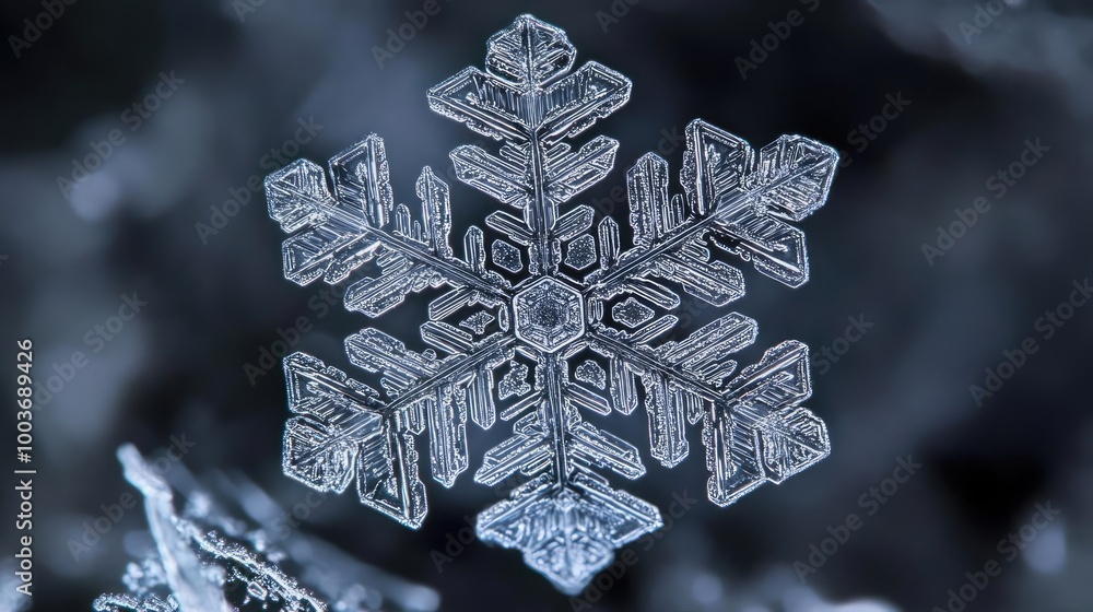 Poster A detailed close-up of a unique snowflake, showcasing its intricate patterns and crystal structure against a dark background.