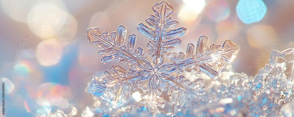 Poster A delicate snowflake glistens on a bed of shimmering ice, capturing the magic of winter with soft bokeh lights in the background.