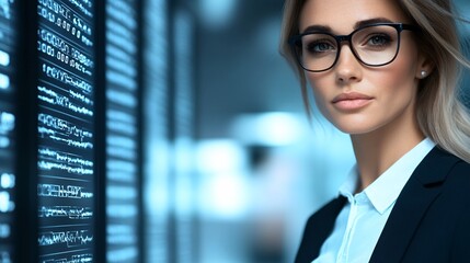 A businesswoman executive in deep thought, surrounded by floating digital interfaces showing real-time analytics and futuristic data projections,