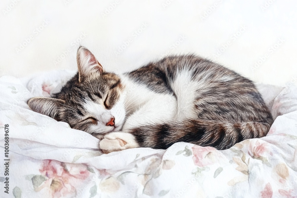 Poster a charming gray and white cat peacefully sleeping on a soft bedspread with floral patterns in a sere