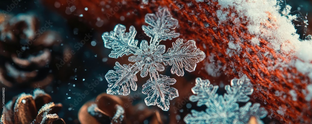 Poster close-up of a snowflake resting on pine cones, showcasing intricate detail and winter beauty in a co