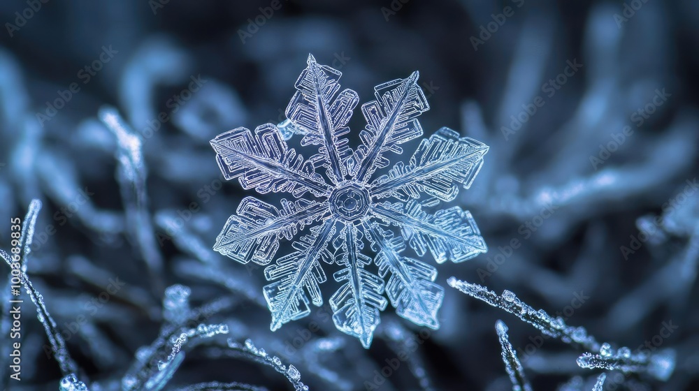 Poster a close-up view of a delicate snowflake, showcasing its intricate design and stunning crystalline st