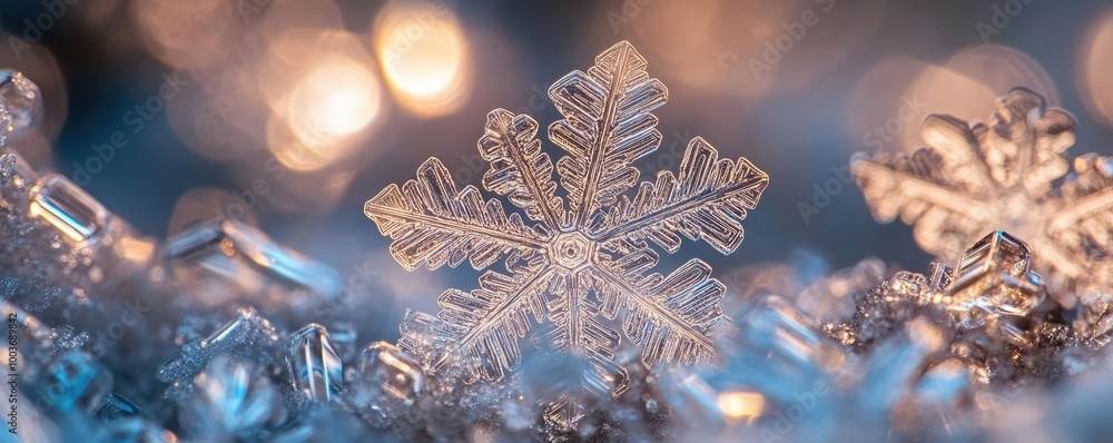 Poster A close-up of a delicate snowflake resting on shimmering ice, showcasing intricate details amidst a soft, dreamy background.