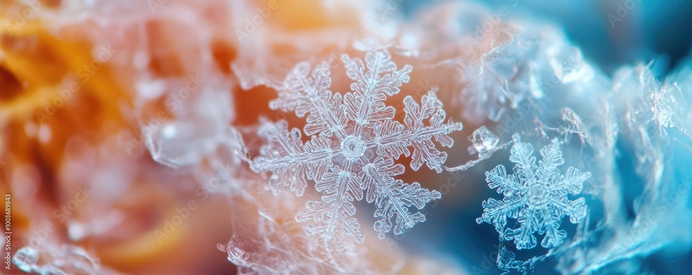 Poster a close-up of intricate snowflakes on a colorful icy background, showcasing nature's delicate winter