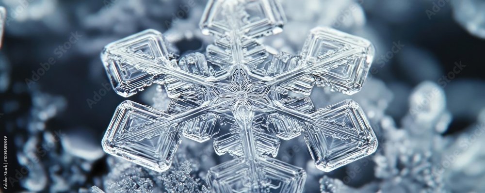 Poster close-up of an intricate ice snowflake showcasing beautiful crystalline patterns against a blurred w