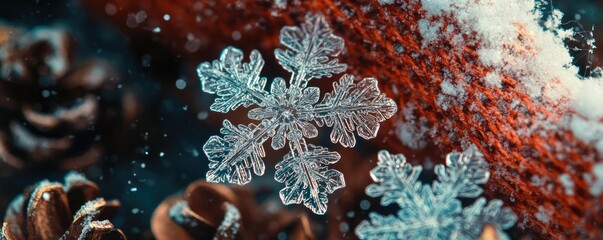 Close-up of a snowflake resting on pine cones, showcasing intricate detail and winter beauty in a cozy, seasonal setting.