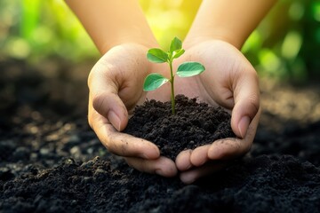 Hands holding a sprouting plant in soil