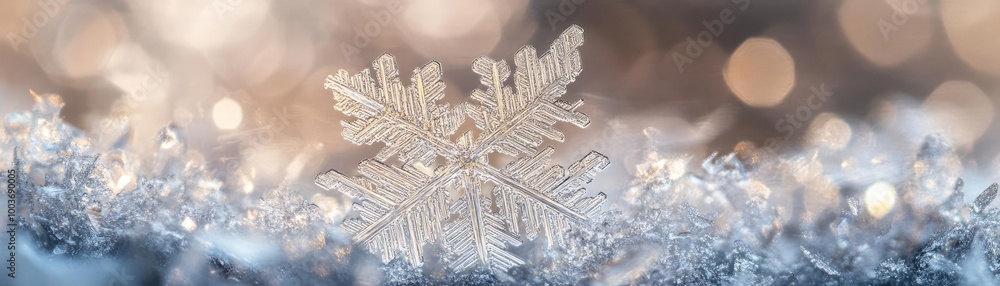 Poster A close-up of a beautiful snowflake resting on frost, showcasing intricate details and shimmering textures against a blurred background.
