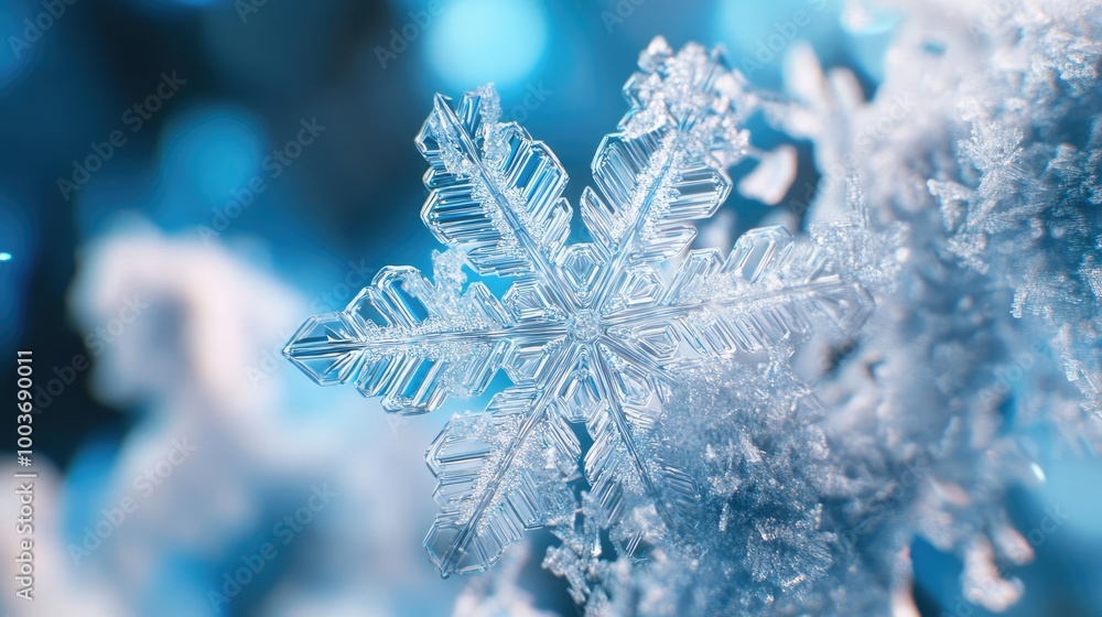 Aufkleber A close-up view of a delicate snowflake resting on soft frost, showcasing intricate details and stunning icy beauty.
