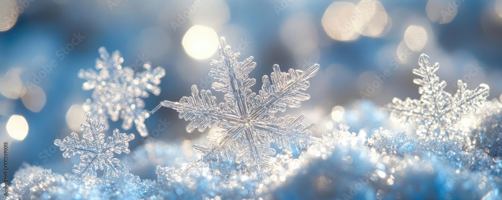 Poster close-up of delicate snowflakes on a soft blue surface, creating a magical winter wonderland atmosph