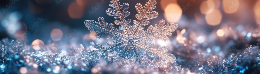Poster a shimmering snowflake rests on sparkling snow, capturing the essence of winter with a magical, glim