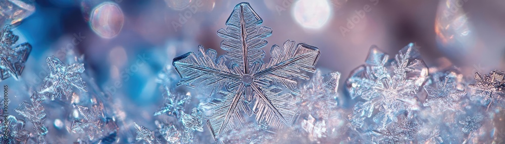 Poster beautiful close-up of a delicate snowflake glistening with frost against a shimmering winter backgro