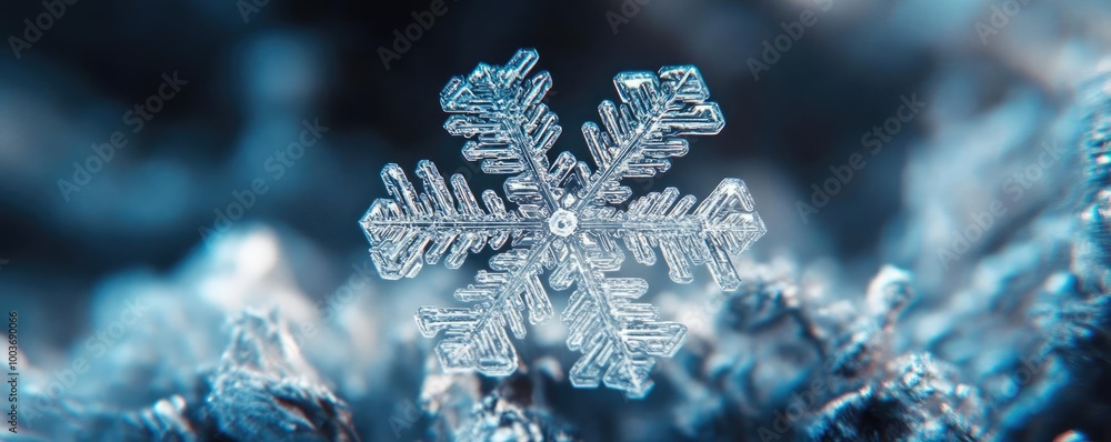 Poster a stunning close-up of a delicate snowflake resting on icy surface, showcasing intricate details and