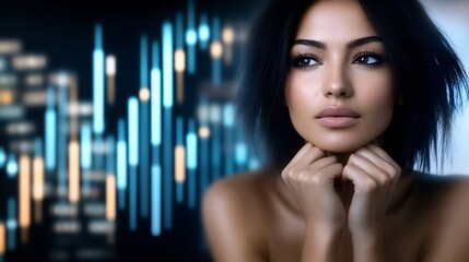 A businesswoman executive in deep thought, surrounded by floating digital interfaces showing real-time analytics and futuristic data projections,