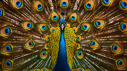 Obraz premium A majestic peacock poses elegantly, showcasing its stunning and colorful feathers with pride.