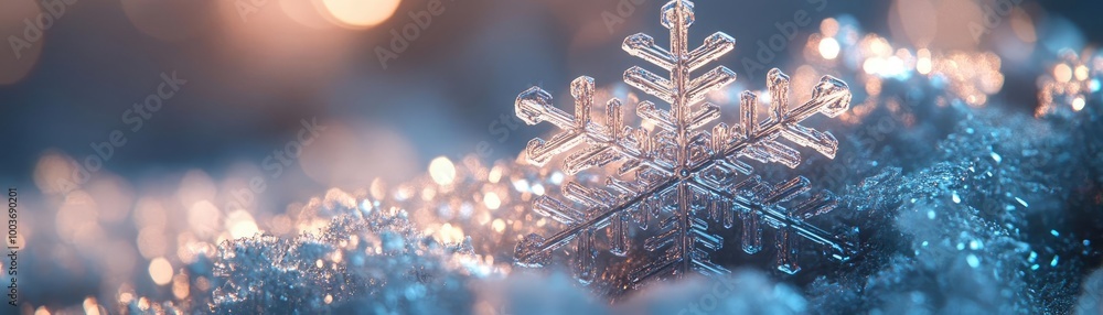 Poster close-up of a delicate snowflake resting on shimmering snow, capturing the beauty of winter and seas